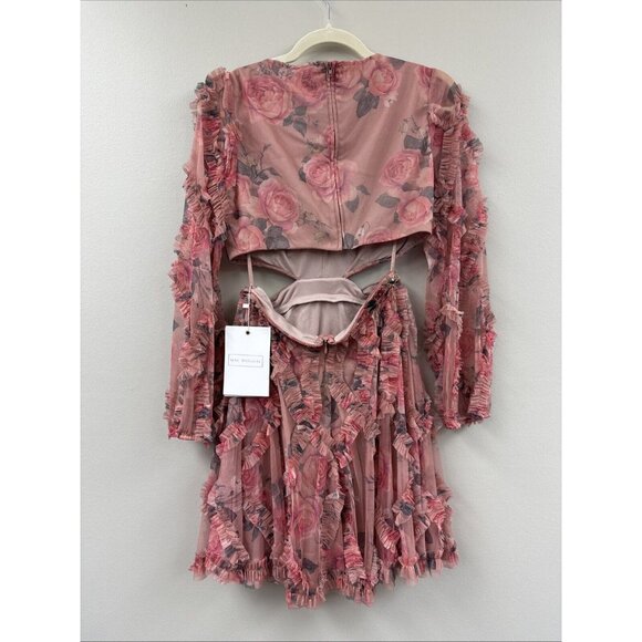 Mac Duggal Side 4 Pink Floral A9151 Long Sleeve V Neck Cut Out Mesh Mini Dress - Picture 7 of 11